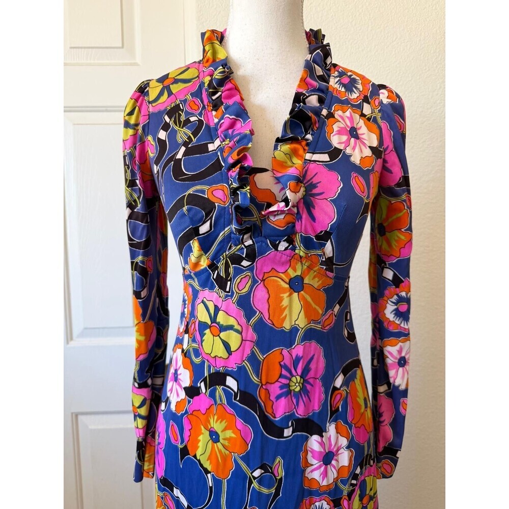 Patricia Fair XS Blue Floral Ruffle V neck Maxi Dress Long Sleeve - Picture 5 of 16